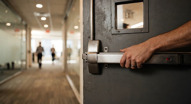 A close up view of a hand opening a heavy office door with a metal push bar in a modern hallway.