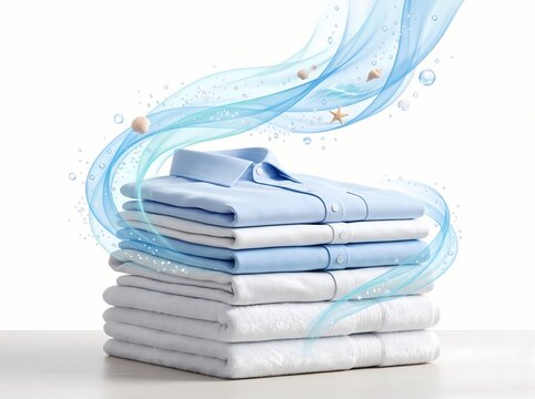 Stack of fresh clean folded shirts with blue wave breeze swirl concept for fabric softener and detergent advertisement