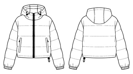 Women cropped puffer jacket fashion technical sketch template with front and back view outline drawings of hooded quilted short down coat vectors © Mohammad