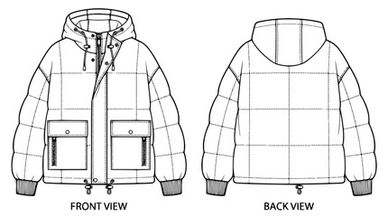 Winter puffer jacket fashion technical sketch template with front and back view outline drawings of hooded quilted down coat vectors for apparel design © Mohammad
