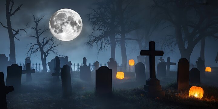 Spooky halloween graveyard scene at night with glowing pumpkins and a large full moon in the sky