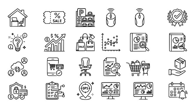 Business and digital marketing outline icon set featuring e-commerce shopping tools data analysis charts financial management graphics and home office work symbols for web design vectors