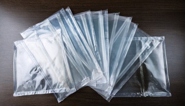 bundle of semi transparent rectangular plastic envelopes isolated in a flat lay composition with smooth sealed edges