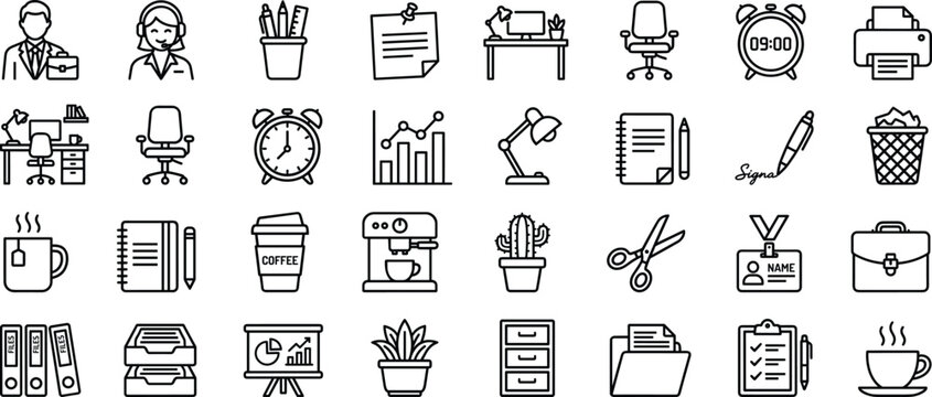 Set of office and business line icons representing workspace elements, productivity tools, and corporate daily operations