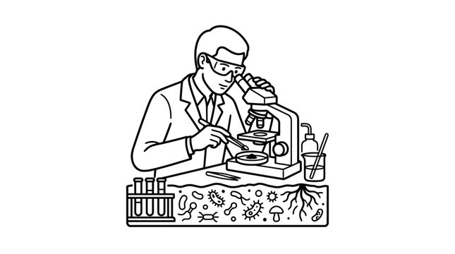 Elegant Black and White Line Drawing of Scientist Examining Microscopic Slides in a Lab Setting