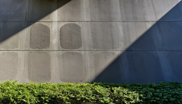 panoramic view of a textured concrete wall with natural greenery at the base and a shadowed slope on the right side creating artistic depth