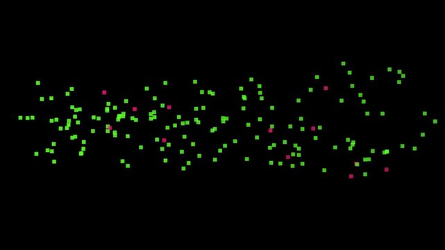 Retro Pixel Art Game Over Screen with Green and Red Blocks, 8-Bit Arcade Video Game Finish Element with Exploding Particle Effect for Gaming Channels and Vintage Style Video Editing