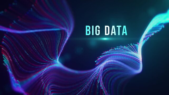 Looping abstract particle wave animation with glowing blue and purple dotted lines, cinematic text reveal, flare light and BIG DATA title for AI, technology and business presentations.