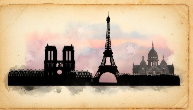 Classic Paris skyline silhouette on aged paper