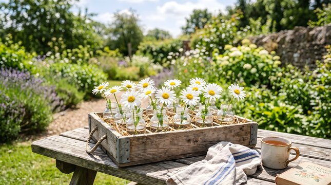 Garden with blooming daisies and lush greenery. Tranquil outdoor scene showcasing vibrant floral landscape and natural sunlight.