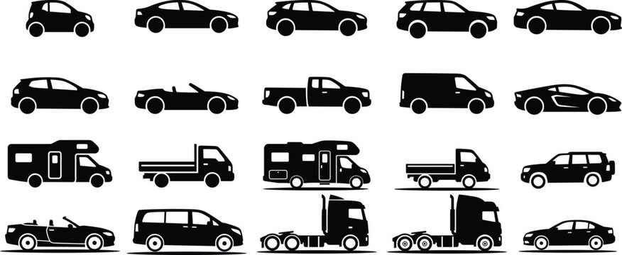 Car body styles and vehicle silhouette icon set for transportation and automotive infographics