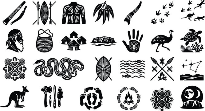 Australian aboriginal culture icon set, native Australia symbols kangaroo boomerang and tribal art silhouette vector illustration