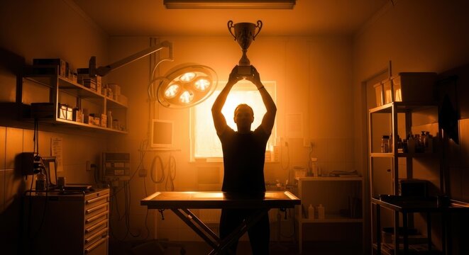 Man holding trophy in workshop studio.