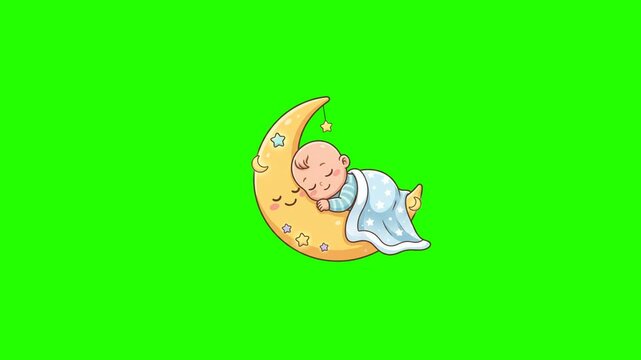 Cute Baby Sleeping on Crescent Moon Animation on Green Screen Background