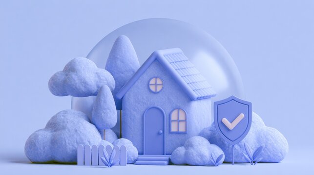 A modular home is placed inside a protective bubble with a warranty concept icon nearby. The scene features lavender colors and soft clay details.
