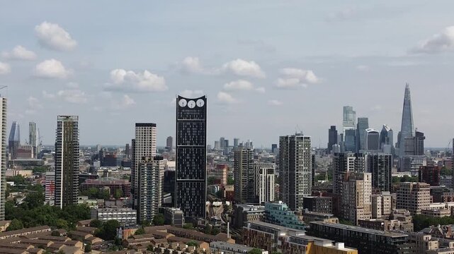 LONDON - Aerial of South London Elephant & Castle, Kennington towards the Shard and City of London Skyline. 