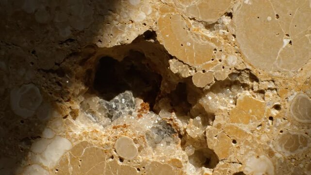 Close-up of a geode with crystal structures and interesting textures formed inside natural stone under sunlight