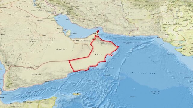 Oman map highlight and reveal animation showing Arabian Peninsula geography video middle east cartography political country region b roll aerial view travel tourism location border coastline