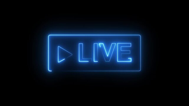 Neon Live streaming frame text icon animation glowing neon blue color font letter word template for streamers with play pause and circle rectangle with live show sign symbol.