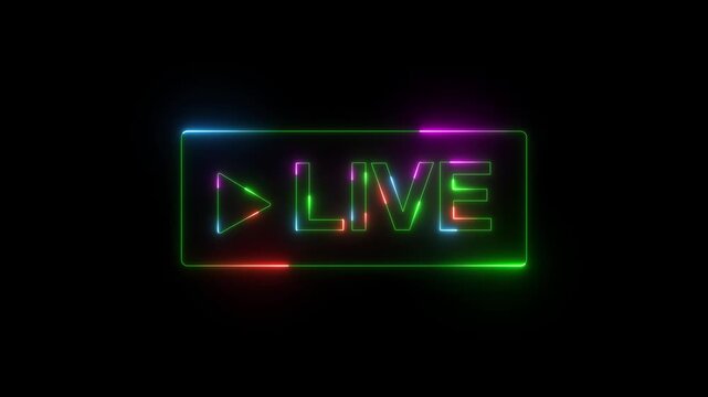 Neon Live streaming frame text icon animation glowing neon blue color font letter word template for streamers with play pause and circle rectangle with live show sign symbol.