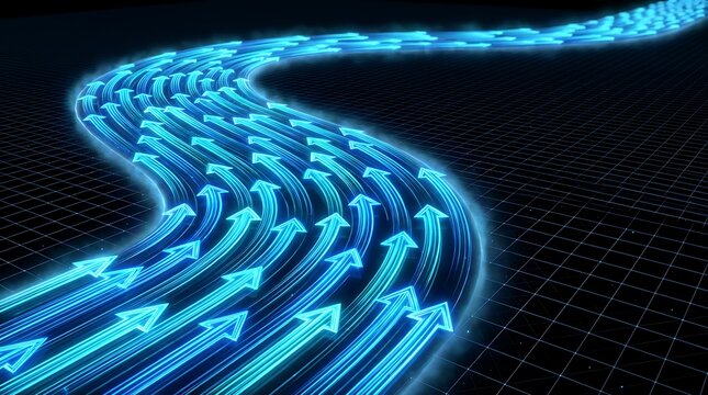 Abstract background featuring wavy blue glowing light paths decorated with directional arrow symbols pointing forward moving across dark grid surface representing progress growth direction flow.
