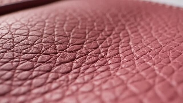 Close-up macro of textured red-pink leather with stitching showcasing luxury craftsmanship and detailed surface