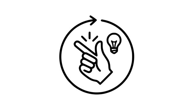 Simple line art icon of a hand snapping fingers with a light bulb representing a quick idea