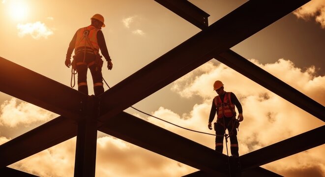 construction workers on steel beams.