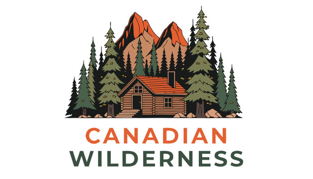 Very beautiful realistic vector illustration of a LOG CABIN & PINE FOREST featuring a bold travel label reading "CANADIAN WILDERNESS", rustic wooden cabin surrounded by towering pine trees, peaceful m