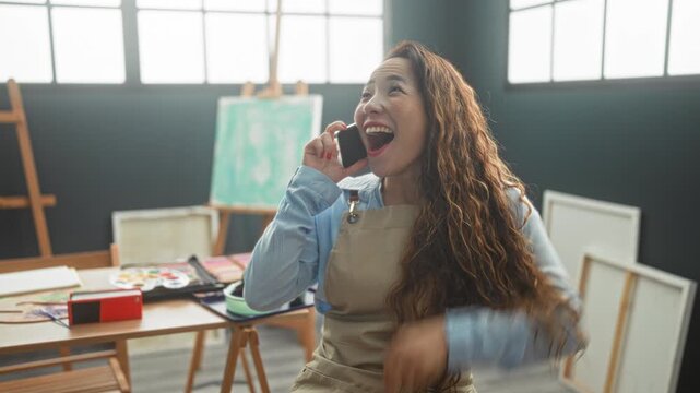 Woman painter on phone, hand to ear and raised arm, smiling and talking in bright art studio with easel and canvases; creative joy.