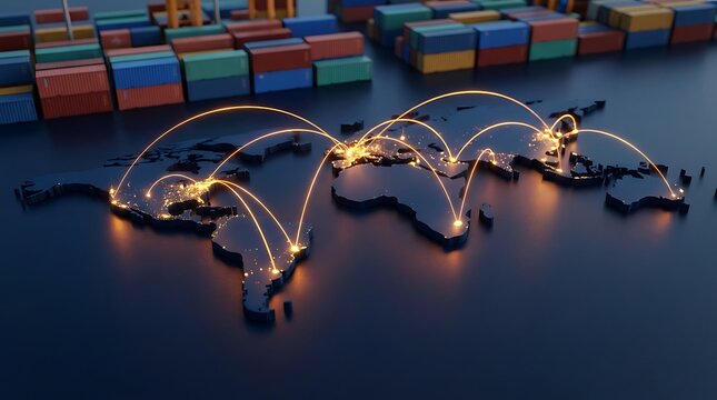 Global shipping network illustrated on world map with illuminated glowing lines connecting continents and major cities showing international trade and logistics.