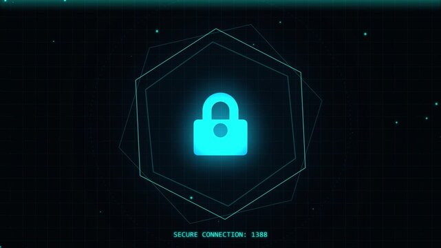 Digital Security Lock Icon Glowing Blue in Futuristic Hexagonal Frame on Dark Background.