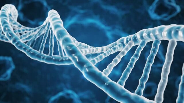 Detailed close-up of a DNA double helix structure with a glowing, blue background, scientific concept