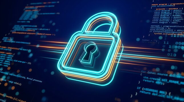Digital padlock icon symbolizing online security and data protection with glowing neon lines on a background of computer code and binary data.