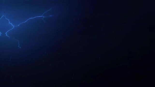 Blue lightning strikes and electric bolts flashing behind a window with rain drops, storm VFX background
