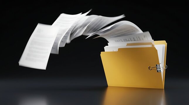 Documents flying out of folder and then arching back into it. Digital art depicting information transfer data organization and paper flow concept isolated on black.