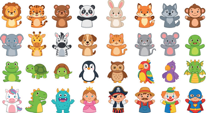 Cute Animal and Character Hand Puppet Vector Icon Set for KidsCute Animal and Character Hand Puppet Vector Icon Set for Kids