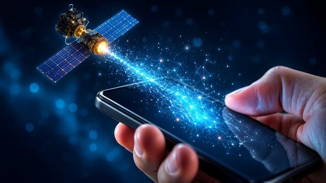 Satellite delivering high-speed digital data directly to a smartphone in hand, symbolizing global network connectivity and advanced mobile communication technology.