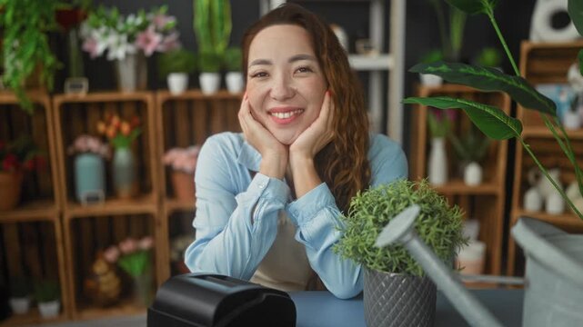 Woman florist smiling, hands on cheeks, wearing apron and leaning on counter among flowers in a studio; friendly small business joy.