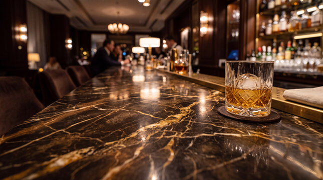 Dark Marble Bar Countertop with Golden Veins and Warm Ambient Lighting Background