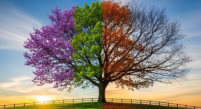 A conceptual tree showing the transition of seasons leading into the first day of winter landscape