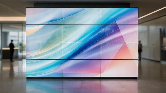 Focused medium shot of a mosaic video wall displaying dynamic station branding graphics with the surrounding lobby softly out of focus.