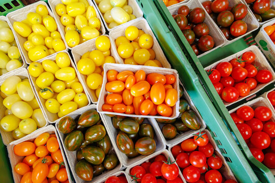 Variety of tomatoes displayed in baskets at a farmers market on a sunny day