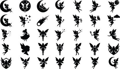 Compilation of whimsical fairy silhouettes featuring celestial elements moons stars and nighttime magic themes © Fensi