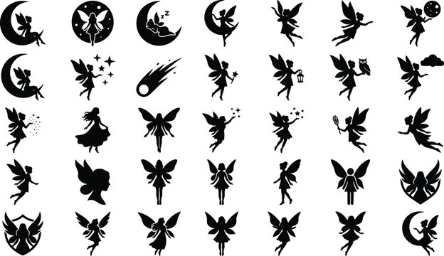 Compilation of whimsical fairy silhouettes featuring celestial elements moons stars and nighttime magic themes