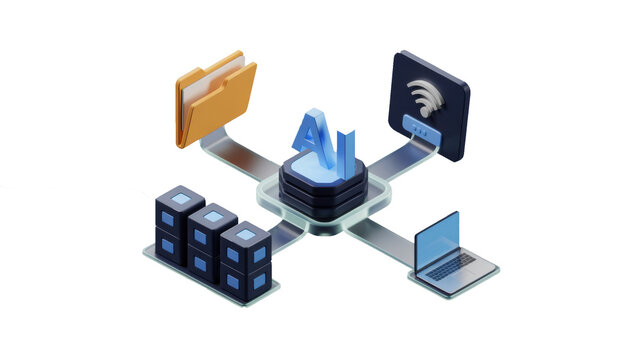 A 3D isometric representation of an artificial intelligence hub connecting various digital data sources