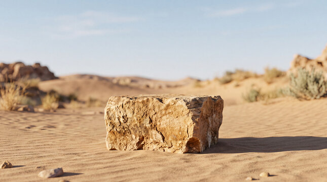 Natural Raw Sandstone Block Pedestal with Soft Shadows in Warm Sunlight for Product Showcase
