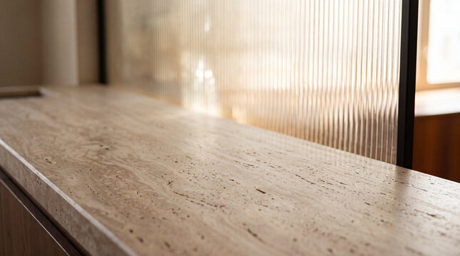 Luxury Travertine Vanity Countertop Against Frosted Ribbed Glass Wall in Soft Sunlight