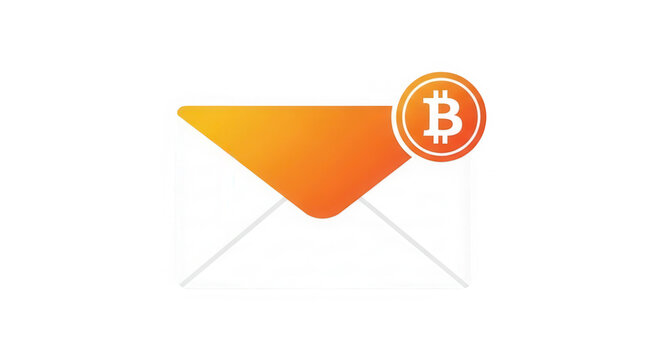 Orange envelope with bitcoin logo icon isolated on transparent background