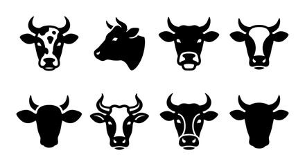 Obraz premium Cow Head Icons Set, Farm Animal Silhouettes, Livestock Vector Graphics, Cattle Faces Collection